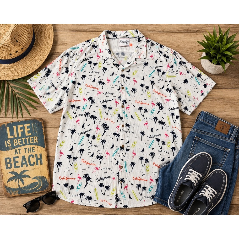 Huntington BC Surf Team Men's 2X White California Camp Shirt Flamingo Palm Trees